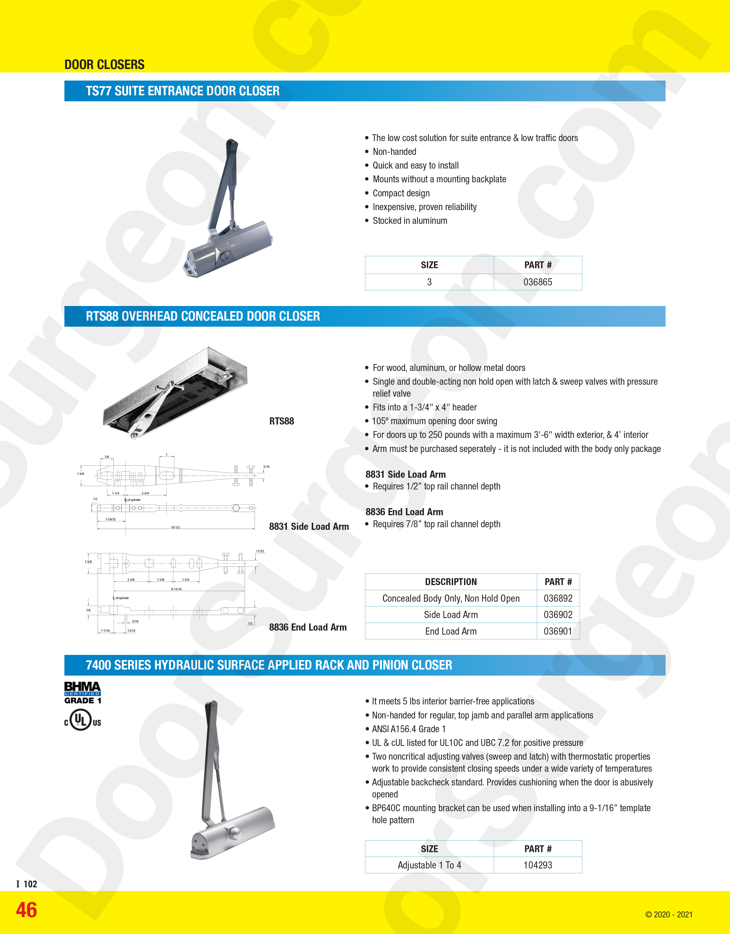 TS77 suite entrance door closer, RTS88 overhead concealed door closer and 7400 series hydraulic surface applied rack and pinion closer